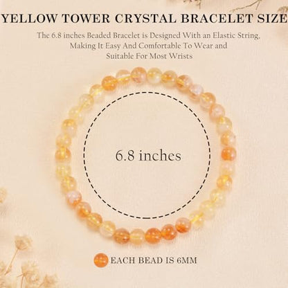 Agate Round Beaded Bracelet for Women Men Natural Agates Stone Healing Bracelets Stretch Elastic Handmade Polished Gemstone Beads Bracelet - color: Yellow Tower Crystal, size: 6mm Beads