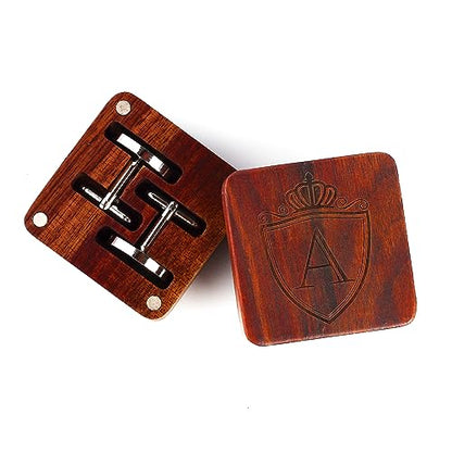 Mens Initial Silver Cufflinks A-Z Alphabet Letter Steel Cuff Links with Engraved Walnut Wood Box Groom Groomsman Wedding Set… - style: Classic-A