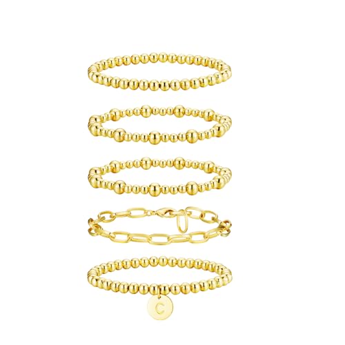 Beaded Bracelets for Women, 18K Gold Plated Initial A-Z Stretch Bead Ball Stackable Bracelet with Letter Jewelry Set Gifts - size: Gold-C