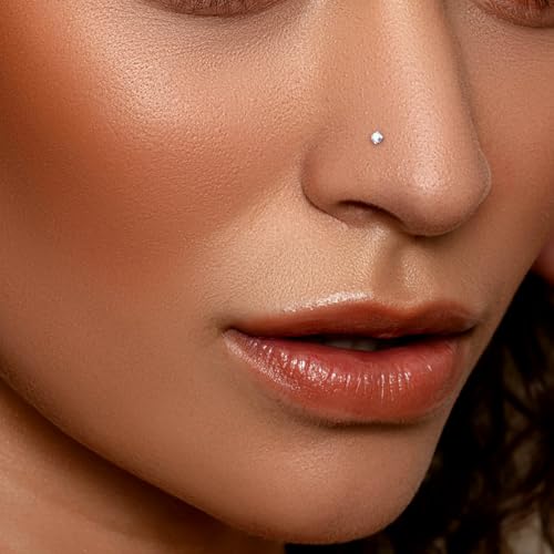 20G Nose Rings for Women, L Shaped Nostril Piercing Studs | 316L Stainless Steel, 0.8 mm×7 mm, 2 mm CZ or 3-4 mm Heart, Star, Moon and Cross, Gold-Tone or Silver-tone, Daily Wear - style: Style B