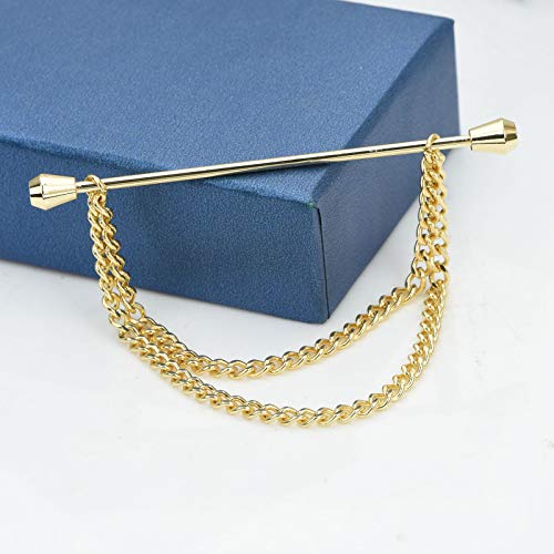 Men's Gold Plated Brass Collar Bar with Double Hanging Chain Tassel Shirt Tie Bar Collar Brooch - color: Gold Cone Head