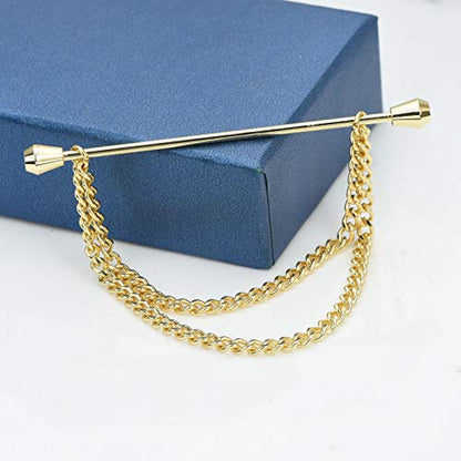 Men's Gold Plated Brass Collar Bar with Double Hanging Chain Tassel Shirt Tie Bar Collar Brooch - color: Gold Cone Head