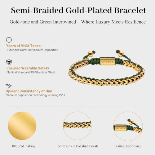 18K Gold-Plated Bracelets for Men Franco Link Chain Adjustable | Stainless Steel Bracelet, Gold Beads Bracelet, Handcrafted Braided, Mens Jewelry Birthday Gift for Men - color: Gold with Green