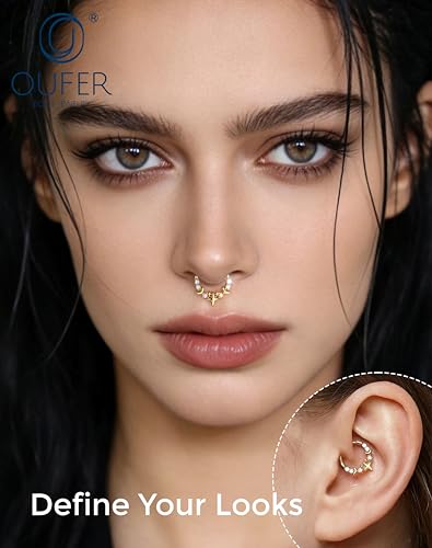 OUFER 16G Silver Gold Moon Star Hinged Segment Septum Ring 316L Surgical Stainless Steel CZ Septum Jewelry 8mm 10mm Inner Diameter with Free Tweezer Helix Tragus Conch Lip Piercing Jewelry for Women - color: Gold