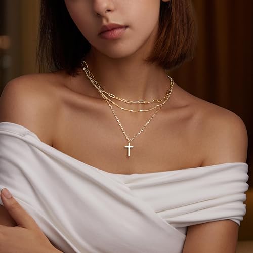 Poxtex Layered Gold Necklaces for Women, Stackable Dainty 14K Gold Silver Plated Trendy Simple Heart Diamond Cross Bow Circle Pendant Paperclip Choker Dot Chain Necklace,Jewelry Set Gifts for Women - color: Gold, style: Contemporary