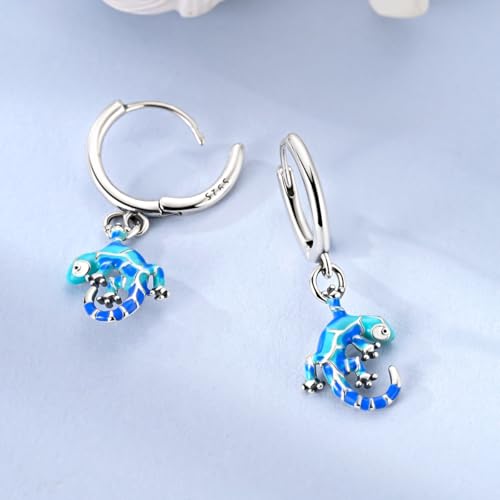 925 Sterling Silver Dangle Whale Shark Butterfly Bow Earrings for Women | Hypoallergenic Huggie Hoop Drop Cross Earrings for Sensitive Ears, Cubic Zirconia Statement Trendy Jewelry Birthday Gifts - color: Glazed Gecko Earring