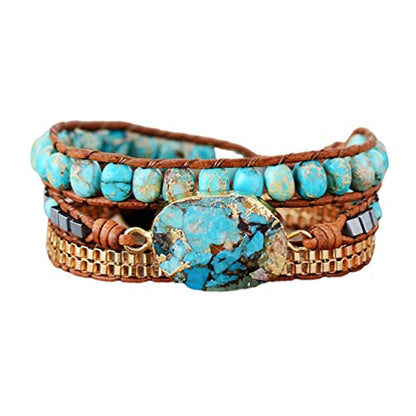 Women Wrap Bracelets Boho Natural Stone Jasper Turquoises Strand Bracelet Jewelry Collection - color: Gold Turquoise