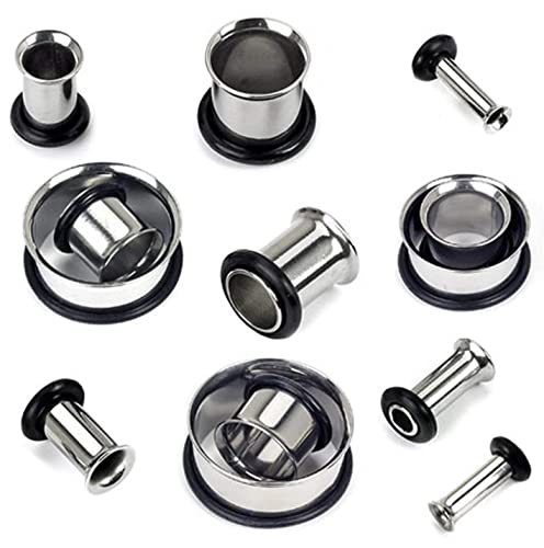 Forbidden Body Jewelry 12G-1 Inch Surgical Steel Single Flared Tunnel Plugs Plus O-Ring, Choose Pcs/Gauge - style: 8pcs: 12g/10g/8g/6g