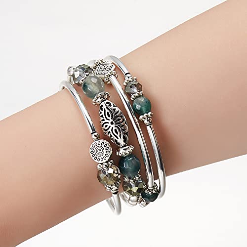 FULU AUTUMN Stackable Beaded Bracelets for Women Boho Wrap Silver Bracelet Layered Fashion Jewelry Gifts for Her - color: Green