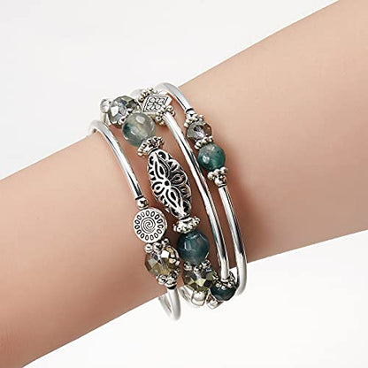 FULU AUTUMN Stackable Beaded Bracelets for Women Boho Wrap Silver Bracelet Layered Fashion Jewelry Gifts for Her - color: Green