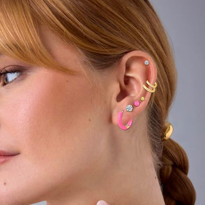 12 Pairs Stud & Hoop Earrings Set for Women 2-5mm Colorful Ball & Cubic Zirconia Stud earrings 8/10/12mm Hoop Earrings Hypoallergenic Stainless Steel Jewelry Gift Collection - color: Rose Pink