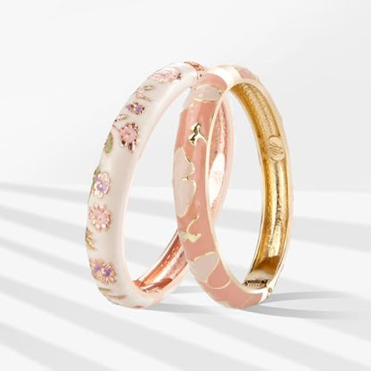 UJOY Cloisonne Bracelet Butterfly Hinge Indian Cuff Bangle Enameled Jewelry Flower Bracelets for Women Gift Box 55A114 - color: A45-2 Pcs Set-Cream and Pink
