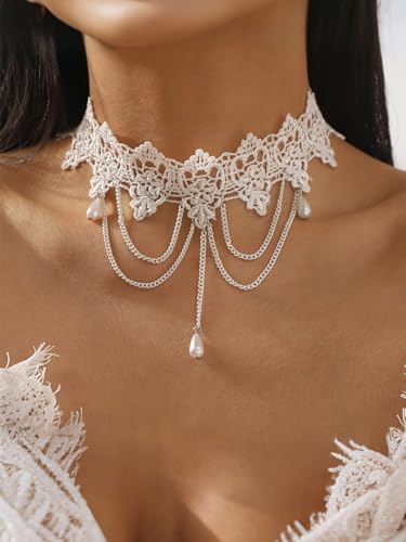 Lace Choker Necklace for Women Tassel Pendant Choker Necklaces Elegant Boho Collar Necklaces Statement Artistic Chain Necklace with Pearl Halloween Party Cosplay Costume Jewelry - color: White Lace Pearl-1