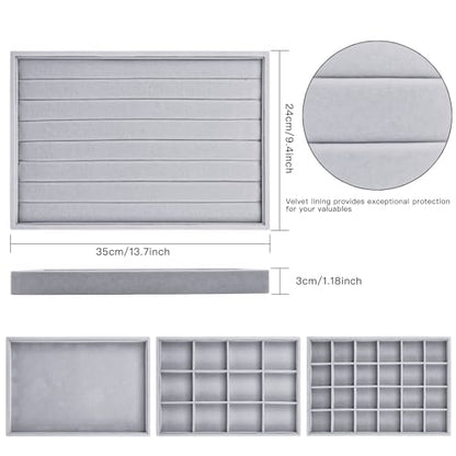 Lainrrew Jewelry Tray, 4 Pack Jewelry Organizer Velvet Jewelry Tray Stackable Jewelry Trays, Necklace & Earring Holder, Divided Bracelet & Ring Storage, 13.8"x9.5"x1.2" - Elegant Display Case (Gray) - color: Gray