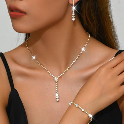 Bride Silver Bridal Necklace Earrings Set Crystal Wedding Jewelry Set Rhinestone Choker Necklace for Women and Brides - color: E Gold