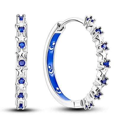 Parmuz 925 Sterling Silver Earrings Hoops for Women Ladies Simple Lightweight Twisted Medium Hoop Earrings With Cubic Zirconia Hypoallergenic Jewelry for Her - color: Star big hoop earring