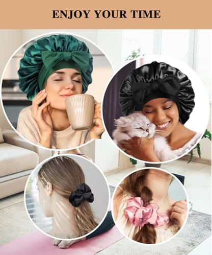 2+3 Large Satin Bonnets with Scrunchies for Women, Hair Bonnet Sleeping Tie Bonnet for Braids Curly Hair - color: D - Black, Sage Green