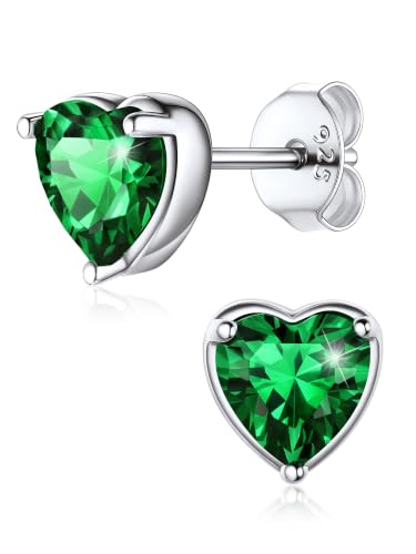 ChicSilver 925 Sterling Silver Earrings Sparkling Heart/Round/Princess Cut Birthstone Earrings for Women Birthday Jewelry with Gift Box - style: B.May(Emerald)-Heart Cut
