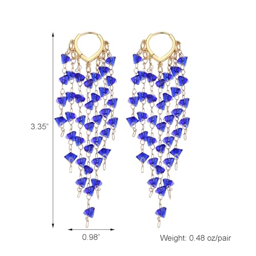 Fringe Hoop Dangle Earrings, Long Beads Tassel Chain Earrings for Women Sparkly Chandelier Earrings - color: Royal Blue