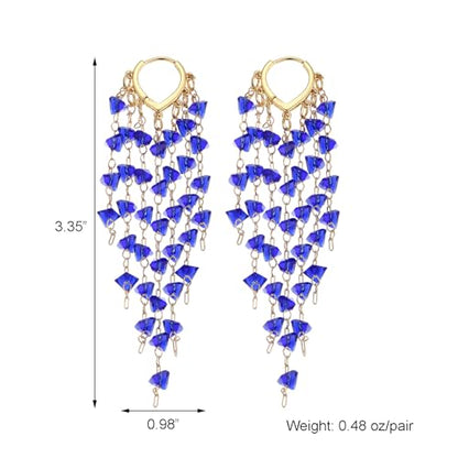 Fringe Hoop Dangle Earrings, Long Beads Tassel Chain Earrings for Women Sparkly Chandelier Earrings - color: Royal Blue