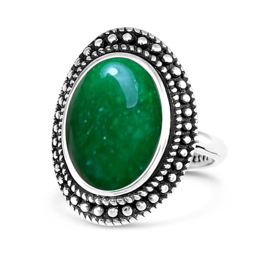 Retro Sterling Silver Stone Ring,Antique Natural Real Oval Crystal Quartz Gemstone Boho Bohemian Ring Jewelry for Women - color: A17_Emerald