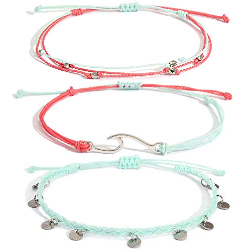 Waterproof String Anklets Cute Beaded Ankle Bracelets Beach Wave Anklet Stainless Steel Coin Boho Ankle Jewelry for Women - color: Teal