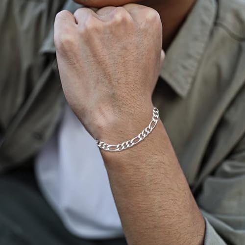 Solid 925 Sterling Silver 5.5MM Figaro Chain Bracelet for Men Boys Jewelry Gift Made in Italy 7-9 Inch with Lobster Claw Clasp