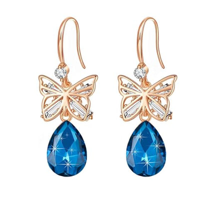 Austrian Crystal Teardrop Butterfly Drop Dangle Earrings for Women 14K Rose Gold Plated Hypoallergenic Jewelry - color: Bermuda Blue