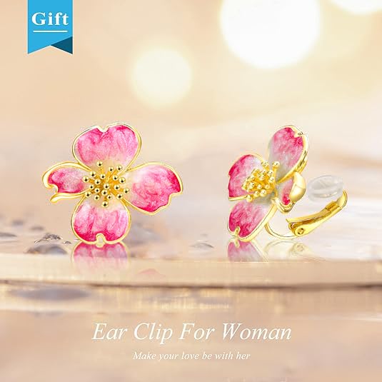 Clip on Earrings Women, 14K Gold Plated Earrings for Sensitive Ears, Fashion Women's Earrings Jewelry Birthday Gift for Wife Grandma Daughter Girls on Christmas Thanksgiving - color: Pink Enamel Earrings