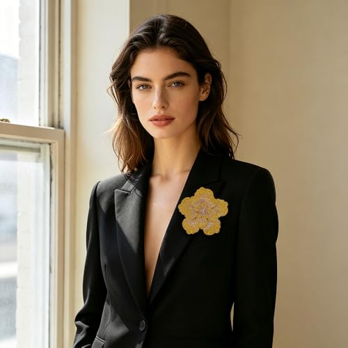 Rhinestone Flower Brooch Pin for Women Men Elegant Sparkly Crystal Camellia Floral Lapel Pins Shawl Dress Suit Clothes Accessories Wedding Party Fashion Jewelry 105mm - color: Gold
