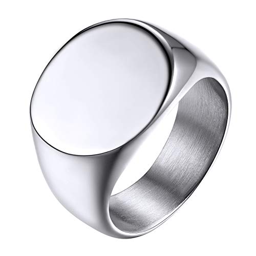 GoldChic Jewelry Personalized Signet Rings Men Women, Stainless Steel Custom Photo Bold Square/Oval Monogram/Old English Initial Pinky Stacking Statement Ring in Black/Silver/Gold (Size 7-14) - color: Steel-Blank - Round