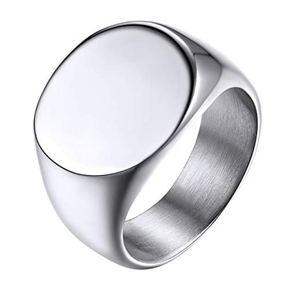 GoldChic Jewelry Personalized Signet Rings Men Women, Stainless Steel Custom Photo Bold Square/Oval Monogram/Old English Initial Pinky Stacking Statement Ring in Black/Silver/Gold (Size 7-14) - color: Steel-Blank - Round