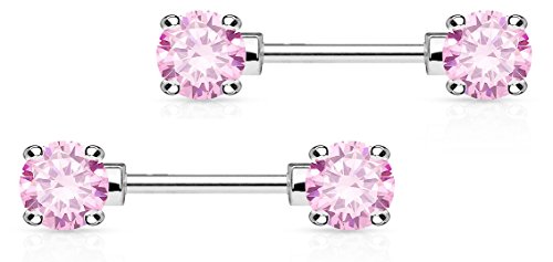 Forbidden Body Jewelry 14g 1/2 Inch (12mm) Surgical Steel & Gold Plated CZ Crystal Front Facing Gemmed Nipple Ring Barbell Set - style: Pink