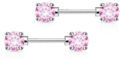 Forbidden Body Jewelry 14g 1/2 Inch (12mm) Surgical Steel & Gold Plated CZ Crystal Front Facing Gemmed Nipple Ring Barbell Set - style: Pink