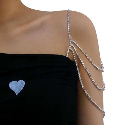 Rhinestone Shoulder Chain Jewelry - Crystal Tassel Arm Strap for Sexy Festival Rave - Bra Chain Bridal Lingerie Jewelry for Women - color: Rhineston& silver