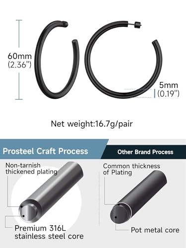 PROSTEEL Chunky Hoop Earrings for Women 14K Gold Plated/Black/Silver | 20/30/40/50/60/70/80mm Stainless Steel Thick Big Round Hoop with Waterproof and Non Tarnish Trendy Jewelry with Gift Box - color: 2. Black, size: 60MM