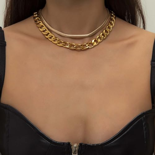 Gold Choker Necklace Dainty Cuban Link Necklace Simple Flat Snake Chain Necklace Layered Herringbone Necklace Hip Hop Jewelry for Women - style: Style-1