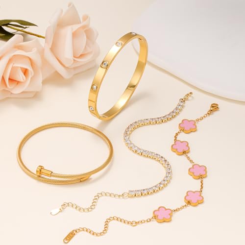 Gold Bracelets for Women, 18K Gold Plated Women Tennis Bracelets Clover Nail Love Bangle Bracelet Set, Gold Bracelet Stackable Set Trendy Jewelry, Gifts for Women's Day and Mother's Day - color: 02-Color-pink