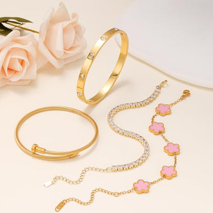 Gold Bracelets for Women, 18K Gold Plated Women Tennis Bracelets Clover Nail Love Bangle Bracelet Set, Gold Bracelet Stackable Set Trendy Jewelry, Gifts for Women's Day and Mother's Day - color: 02-Color-pink