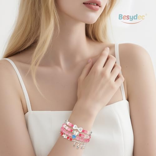 Besydec Stackable Boho Beaded Bracelets With Natural Stone & Pearl Heart & Clay Beads for Women,Adjustable Silver Jewelry - color: Red Silver