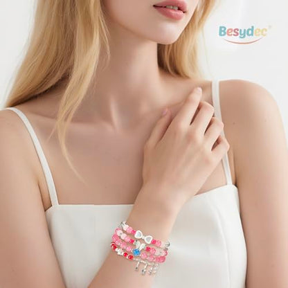 Besydec Stackable Boho Beaded Bracelets With Natural Stone & Pearl Heart & Clay Beads for Women,Adjustable Silver Jewelry - color: Red Silver