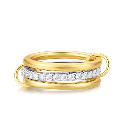 14K Gold Plated Interlocked Stackable Rings for Women Non Tarnish,Gold and Silver Cubic Zirconia Statement Rings Set,Mixed Metals Ring Two-Toned Connected Bands Stacking Jewelry - color: 3pcs rings-gold & silver