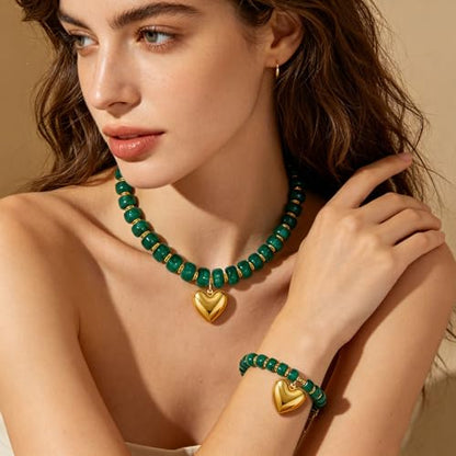 NEWITIN 2 Pieces Summer Beach Jewelry for Women Chunky Beaded Necklace Bracelet Trendy Big Resin Beaded Choker Boho Charm Statement Colorful Jewelry Set for Women - color: Green