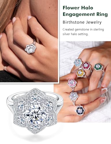 Flower Engagement Promise Ring Sterling Silver Birthstone Rings for Women Sapphire/Emerald/Ruby Gemstone Six Leaf Clover Statement Cocktail Ring Size 6 to 10 - style: 04. April-Created Diamond