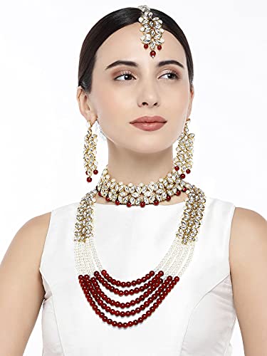 Aheli Wedding Party Wear Bridal Jewellery Choker Long Pearl Necklace Earrings Maang Tikka Indian Traditional Set Gift for Women - color: Maroon 3