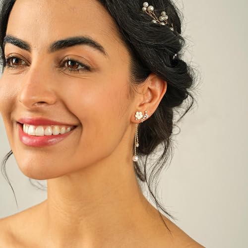 Pearl Earrings for Women, 14k Gold Plated Trendy Diamond Pearl Drop Earrings Hypoallergenic Dainty Bridal Gifts Wedding jewelry for Women - color: Gold-Pearl Style F