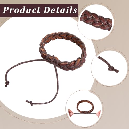 2PCS Braided Genuine Leather Punk Cuff Bracelets Adjustable Rustic Cowhide Wrap Wristband Woven Rope Wrist Band Bracelet for Men Women Daily Wear Costume Party Gift(Dark Brown) - color: Coconut Brown