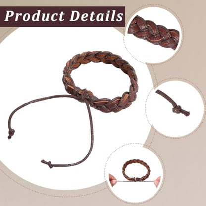 2PCS Braided Genuine Leather Punk Cuff Bracelets Adjustable Rustic Cowhide Wrap Wristband Woven Rope Wrist Band Bracelet for Men Women Daily Wear Costume Party Gift(Dark Brown) - color: Coconut Brown