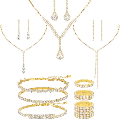 NEWITIN 15 Pieces Gold Jewelry Set for Women Wedding Costume Accessories | Hypoallergenic, Cubic Zirconia, CZ Necklaces Earrings Bracelets Ring, Crystal Jewelry for Wedding Bride Bridesmaid Party Prom - color: Elegant
