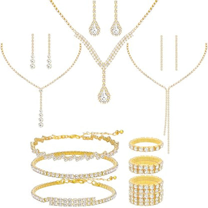 NEWITIN 15 Pieces Gold Jewelry Set for Women Wedding Costume Accessories | Hypoallergenic, Cubic Zirconia, CZ Necklaces Earrings Bracelets Ring, Crystal Jewelry for Wedding Bride Bridesmaid Party Prom - color: Elegant